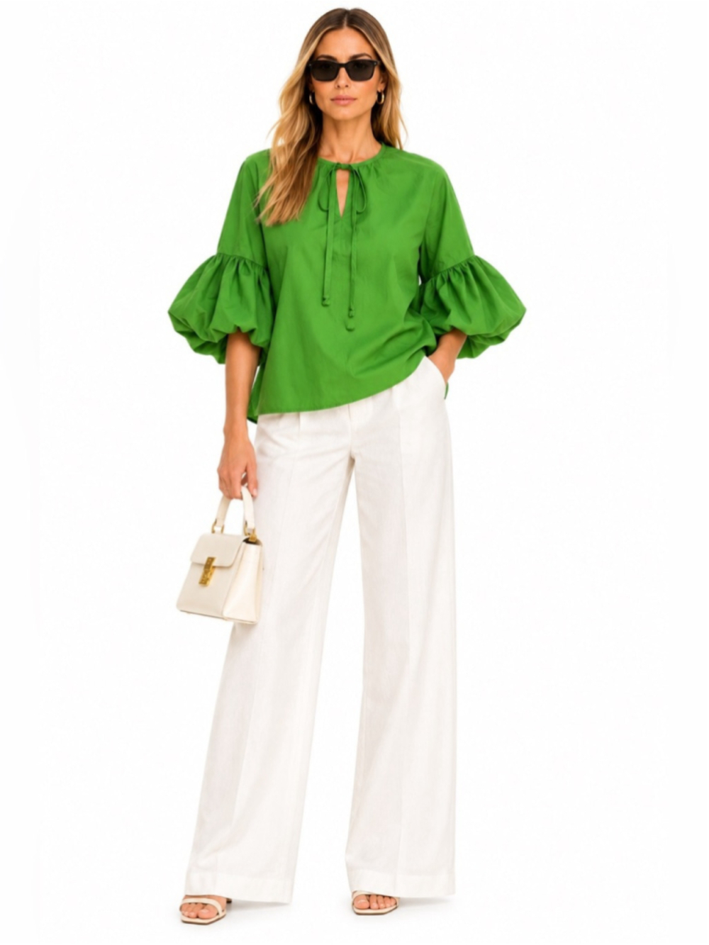 Carolina Herrera Bright Green Tie-Front Cotton Blouse